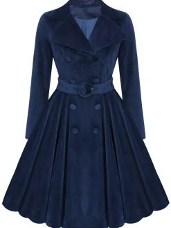 New Retro Stage [Plus Size] 1950s Corduroy Long Coat Navy Blue