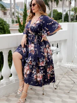 Clearance Retro Stage [Plus Size] Navy Blue 1950s V-Neck Floral Dress