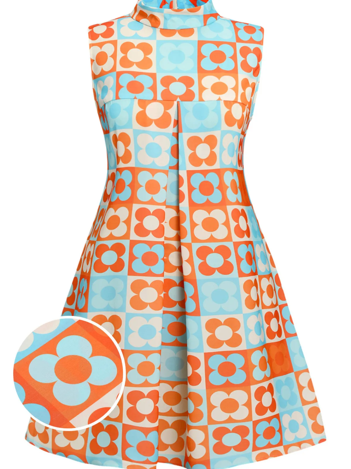 Fashion Retro Stage [Plus Size] 1960s Floral Stand Collar Dress Orange & Blue