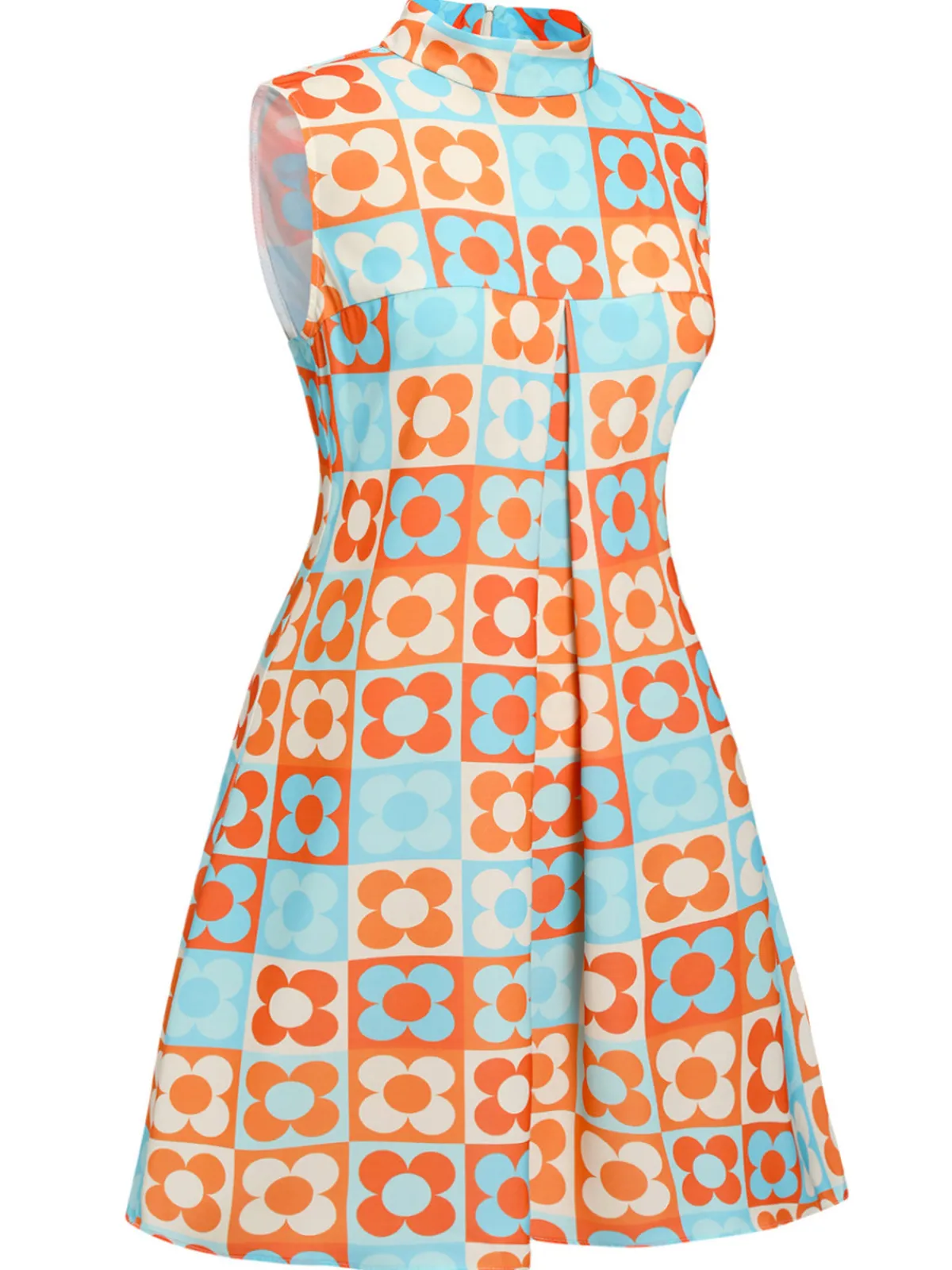 Fashion Retro Stage [Plus Size] 1960s Floral Stand Collar Dress Orange & Blue
