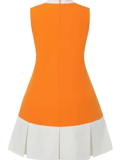 Online Retro Stage [Plus Size] 1960s Bow Patchwork Sleeveless Dress Orange