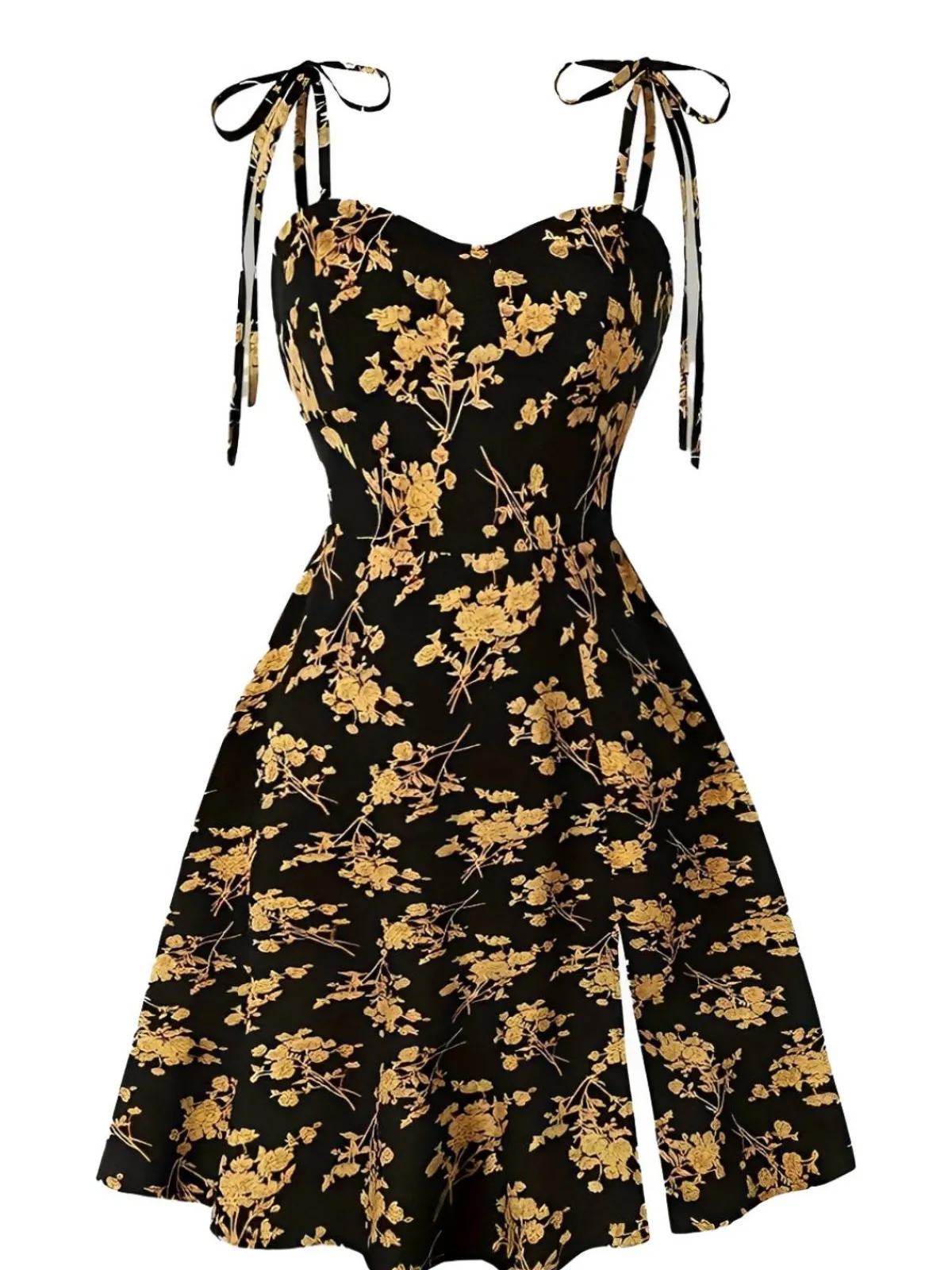 Online Retro Stage [Plus Size] 1940s Ditsy Floral Spaghetti Strap Lace-Up Dress Orange