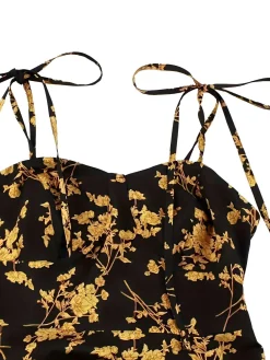 Online Retro Stage [Plus Size] 1940s Ditsy Floral Spaghetti Strap Lace-Up Dress Orange