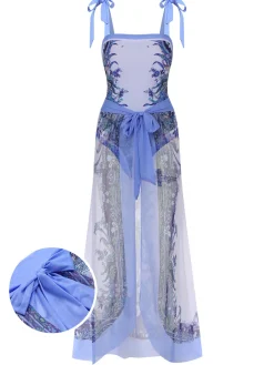 Sale Retro Stage [Plus Size] 2PCS 1960s Shoulder Straps Plant Swimsuit & Cover Up Multicolor