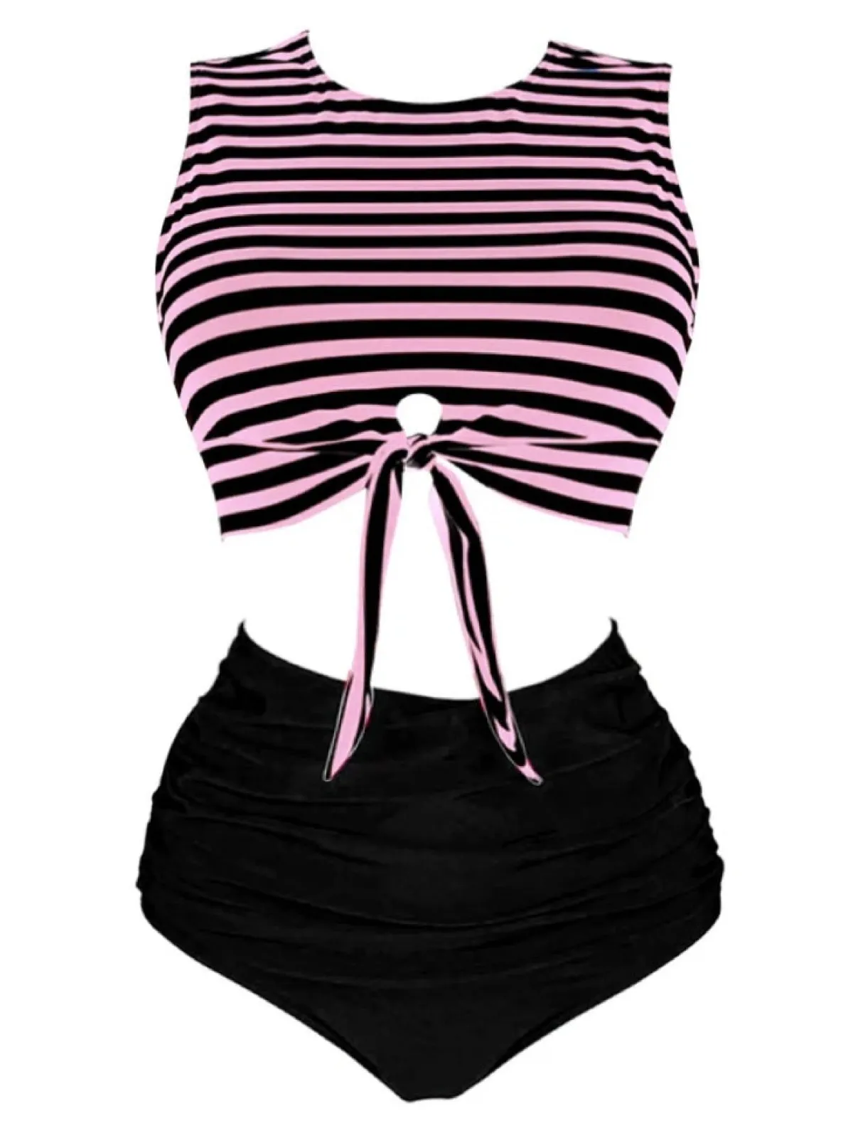Clearance Retro Stage [Plus Size] 1970s Striped Waist Tie Patchwork Swimsuit Pink & Black