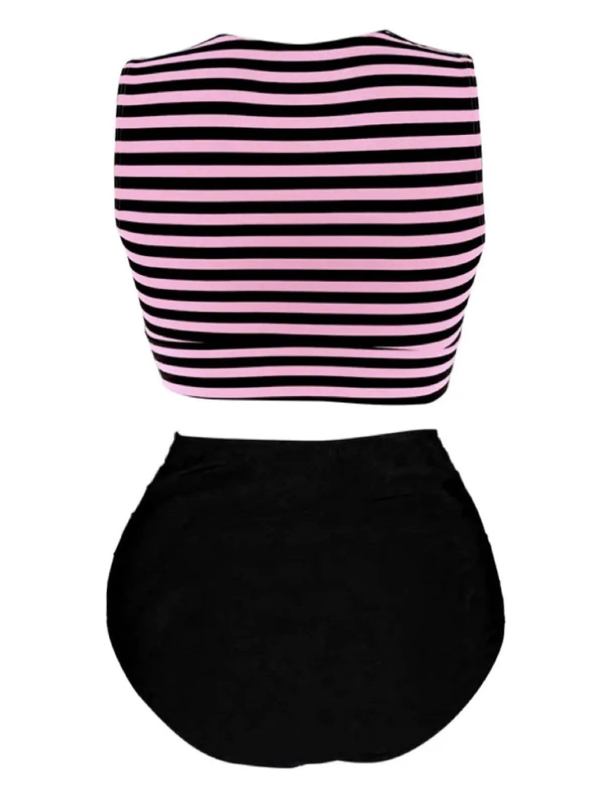 Clearance Retro Stage [Plus Size] 1970s Striped Waist Tie Patchwork Swimsuit Pink & Black