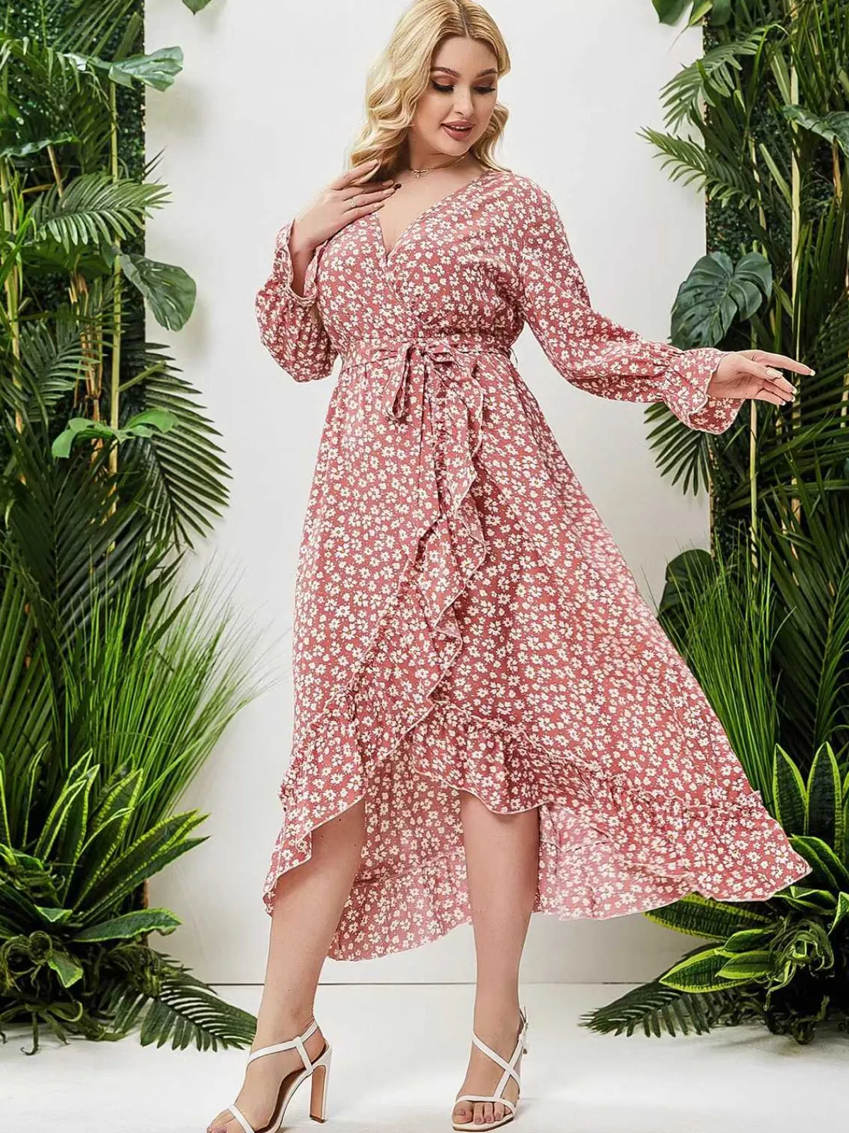 Fashion Retro Stage [Plus Size] 1930s Boho Daisy Ruffles Hem Dress Pink