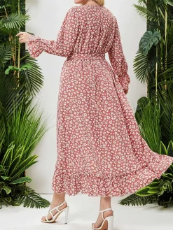 Fashion Retro Stage [Plus Size] 1930s Boho Daisy Ruffles Hem Dress Pink
