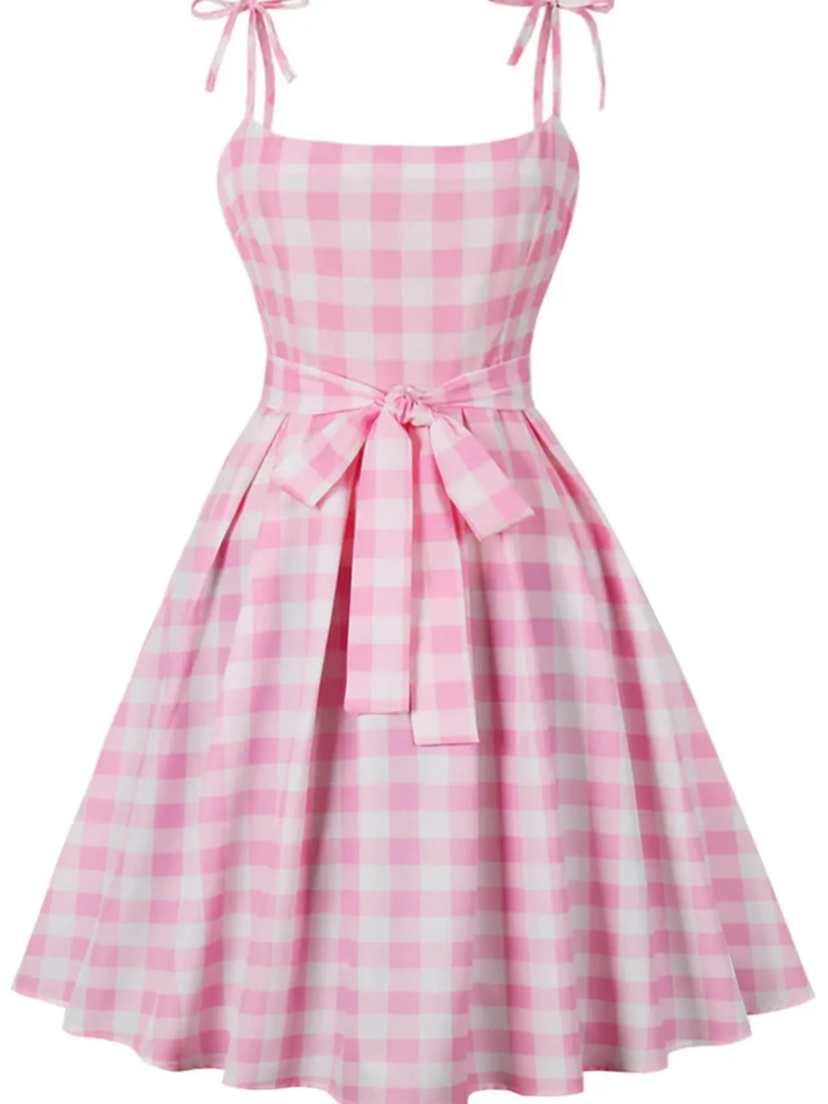 Best Retro Stage [Plus Size] 1950s Plaid Strap Dress Pink
