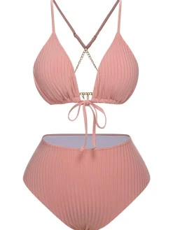 Best Retro Stage [Plus Size] 1950s Solid Pleated Bikini Set Pink