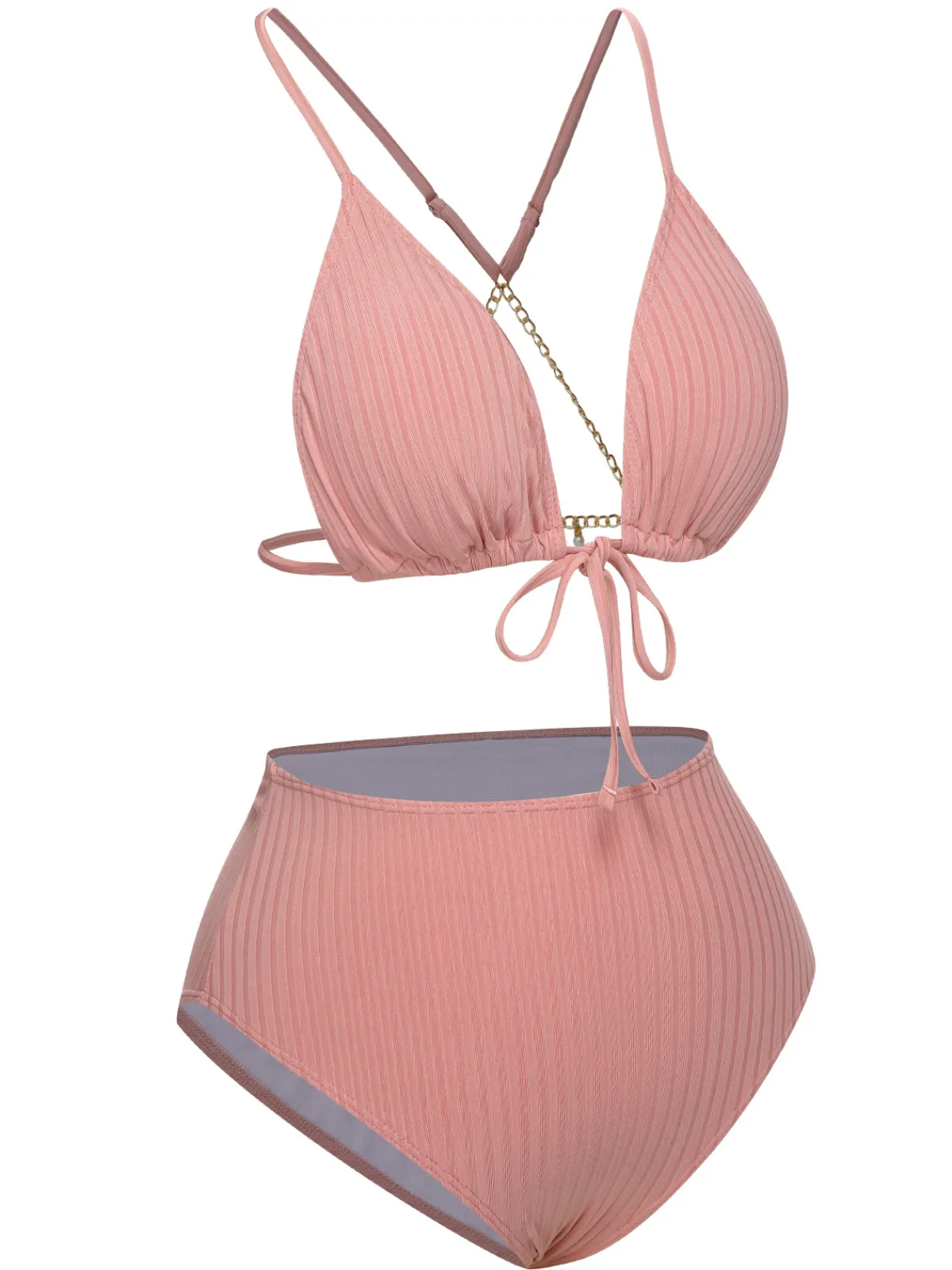 Best Retro Stage [Plus Size] 1950s Solid Pleated Bikini Set Pink