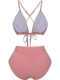 Best Retro Stage [Plus Size] 1950s Solid Pleated Bikini Set Pink