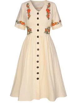 Sale Retro Stage [Plus Size] Pure Cotton 1940s V-Neck Floral Dress Beige