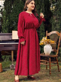 Fashion Retro Stage [Plus Size] 1950s Bishop Polka Dots Dress Red