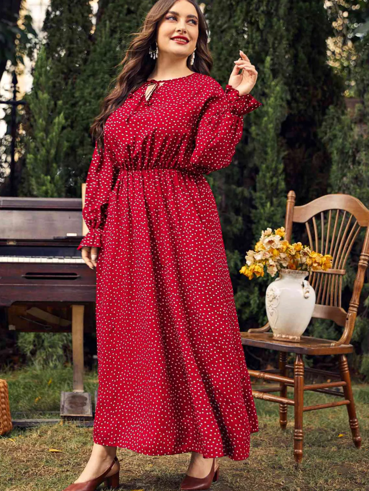 Fashion Retro Stage [Plus Size] 1950s Bishop Polka Dots Dress Red