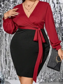 Fashion Retro Stage [Plus Size] 1960s Deep V-Neck Patchwork Dress Red