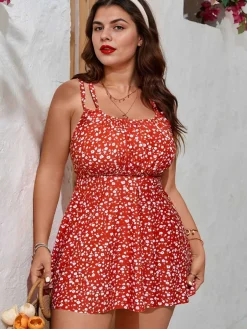 Outlet Retro Stage [Plus Size] 1960s Ditsy Floral Cross Straps Swimsuit Red