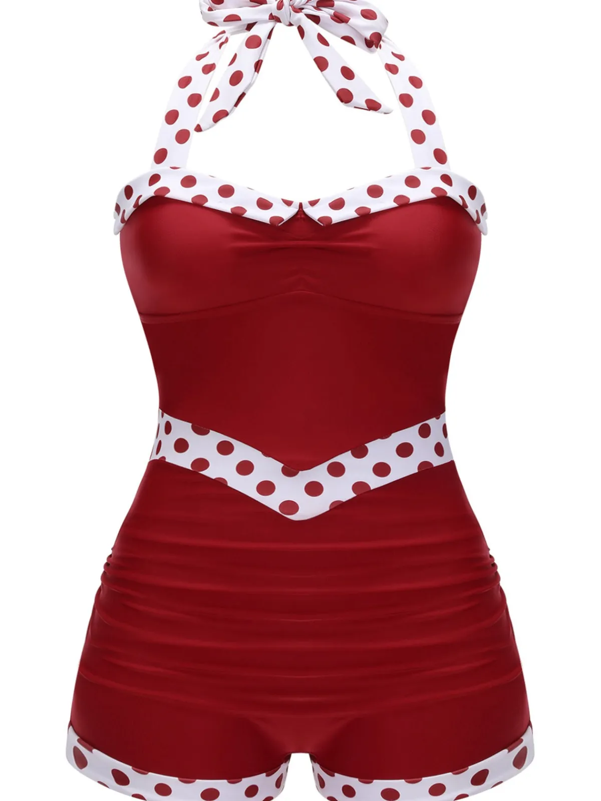 Online Retro Stage [Plus Size] Red 1940s Dots Patchwork Halter Swimsuit Wine Red