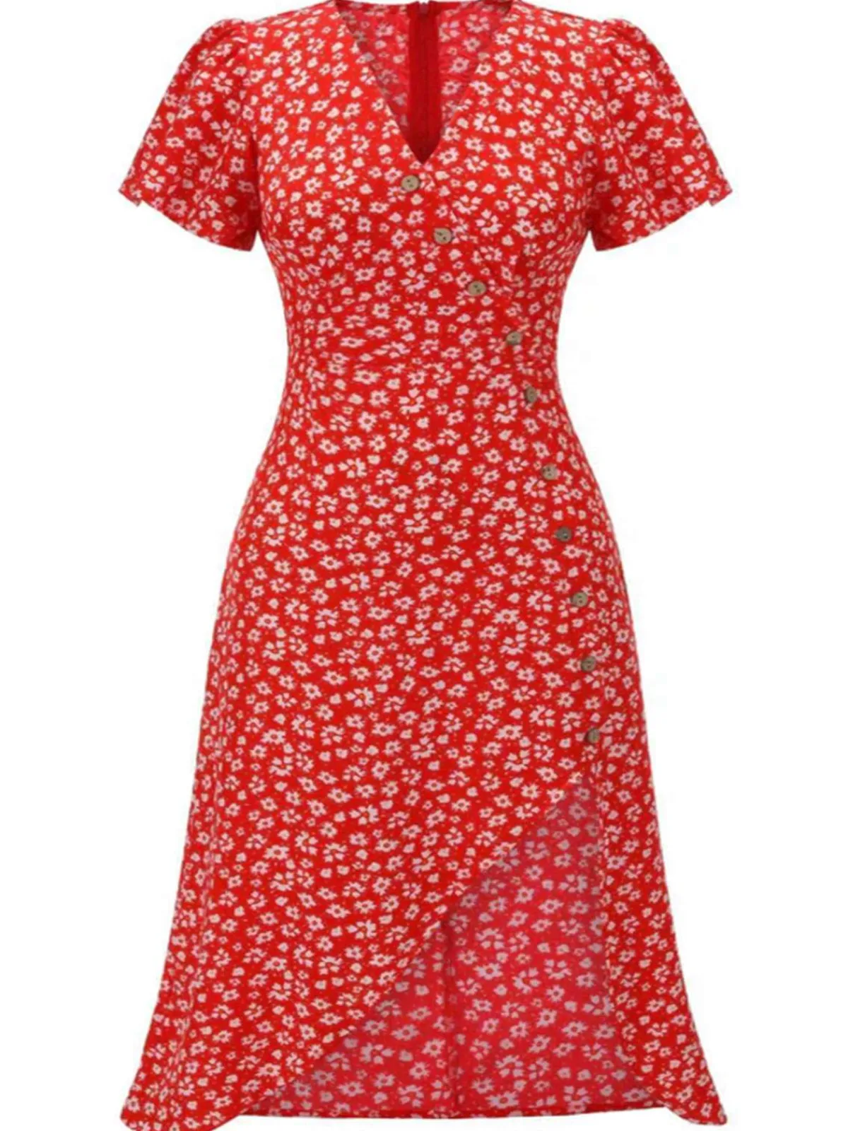 Discount Retro Stage [Plus Size] 1940s Floral V-Neck Added Button Dress Red