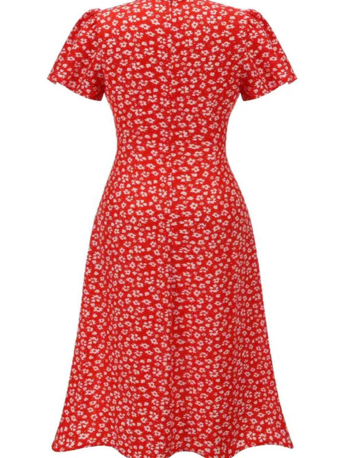 Discount Retro Stage [Plus Size] 1940s Floral V-Neck Added Button Dress Red