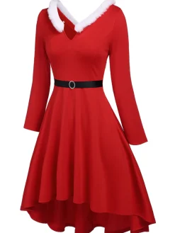 Best Retro Stage [Plus Size] 1950s Furry Solid Swing Dress Red
