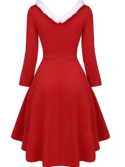 Best Retro Stage [Plus Size] 1950s Furry Solid Swing Dress Red