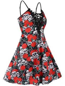 Sale Retro Stage [Plus Size] 1940s Halloween Skull Rose Dress Red
