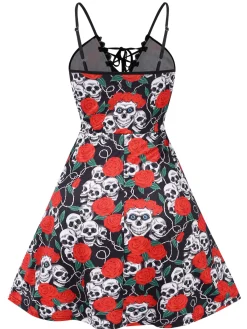 Sale Retro Stage [Plus Size] 1940s Halloween Skull Rose Dress Red