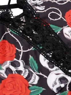 Sale Retro Stage [Plus Size] 1940s Halloween Skull Rose Dress Red