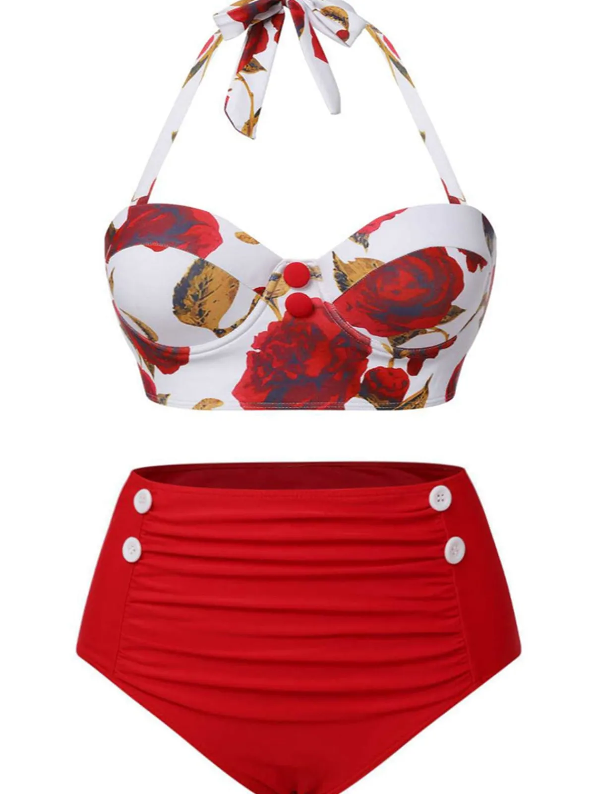 Discount Retro Stage [Plus Size] 1960s Halter Roses Swimsuit Red