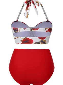 Discount Retro Stage [Plus Size] 1960s Halter Roses Swimsuit Red