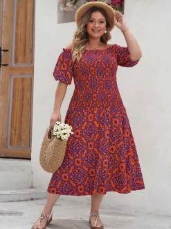 Outlet Retro Stage [Plus Size] 1940s Off-Shoulder Printed Dress Red