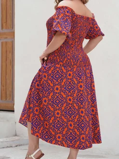 Outlet Retro Stage [Plus Size] 1940s Off-Shoulder Printed Dress Red