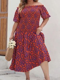 Outlet Retro Stage [Plus Size] 1940s Off-Shoulder Printed Dress Red