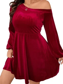 Fashion Retro Stage [Plus Size] 1950s Solid One-Shoulder Velvet Dress Red