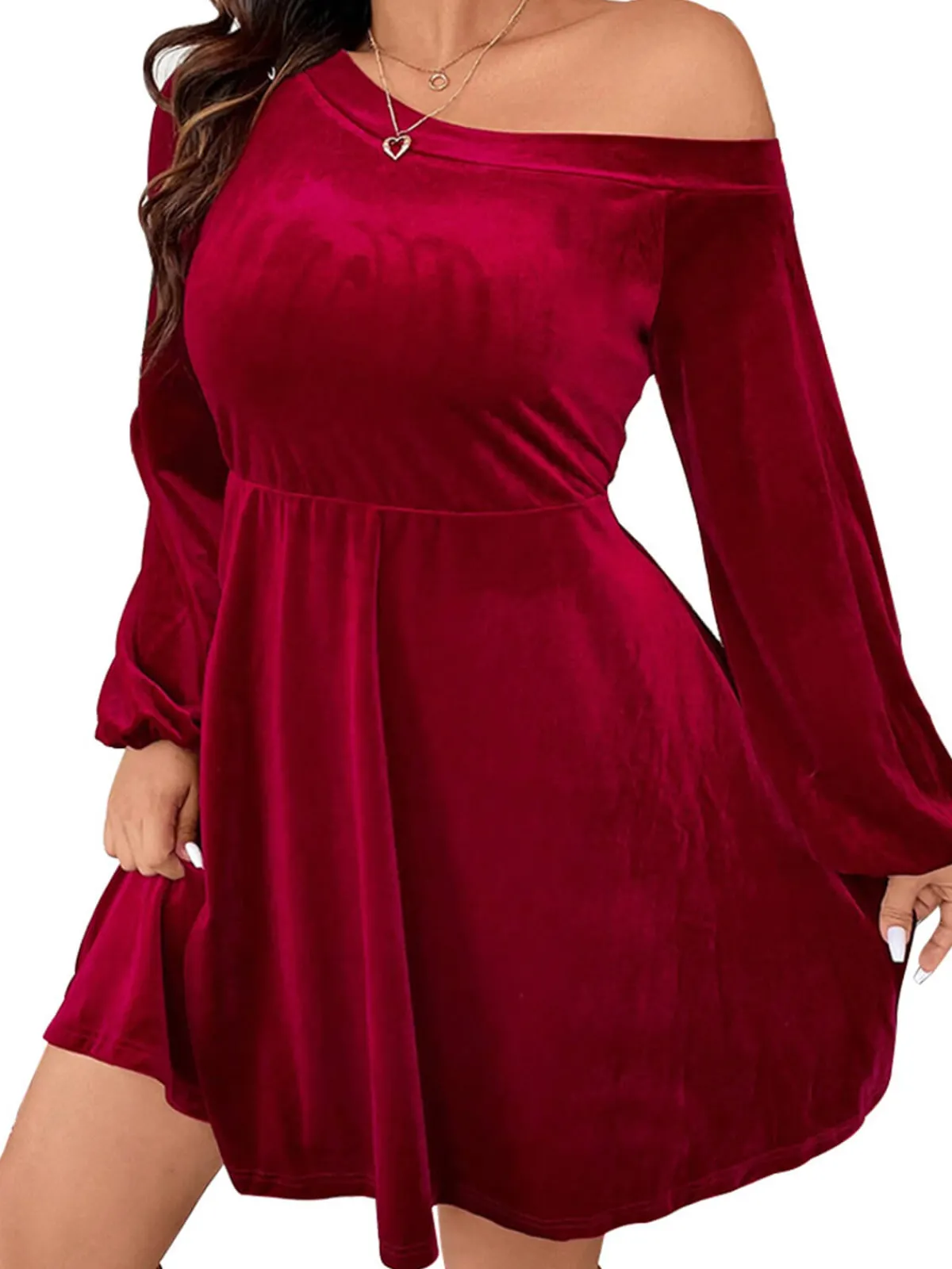 Fashion Retro Stage [Plus Size] 1950s Solid One-Shoulder Velvet Dress Red