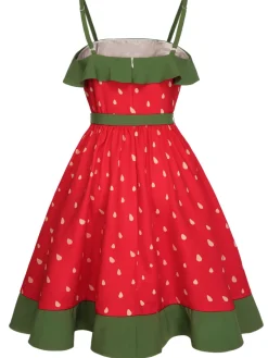 Sale Retro Stage [Plus Size] 1950s Strawberry Ruffle Belt Dress Red