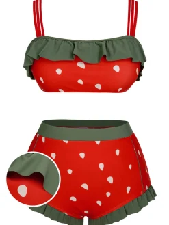 Hot Retro Stage [Plus Size] 1950s Strawberry Ruffle Strap Swimsuit Red