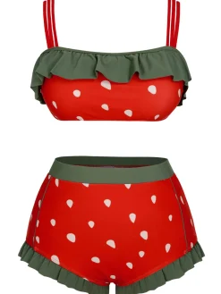 Hot Retro Stage [Plus Size] 1950s Strawberry Ruffle Strap Swimsuit Red