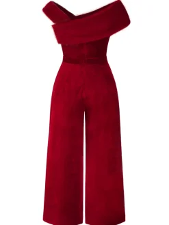 New Retro Stage [Plus Size] 1950s Velvet Off Shoulder Button Jumpsuit Red