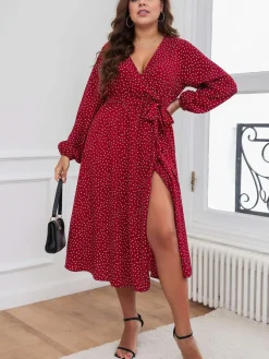 New Retro Stage [Plus Size] 1940s V-Neck Polka Dot Lace-Up Dress Red