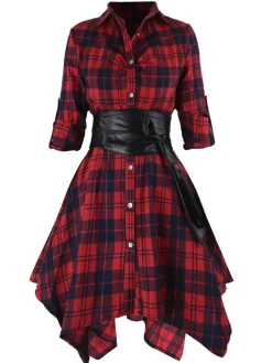 Online Retro Stage [Plus Size] 1950s 3/4 Sleeve Plaid Belt Long Tops Red