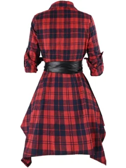 Online Retro Stage [Plus Size] 1950s 3/4 Sleeve Plaid Belt Long Tops Red