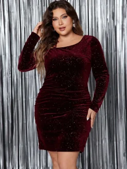Sale Retro Stage [Plus Size] 1960s Christmas Glitter Velvet Bodycon Dress