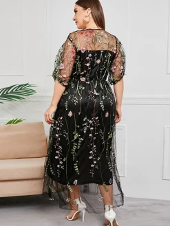 New Retro Stage [Plus Size] 1940s Floral Embroidered Mesh Dress