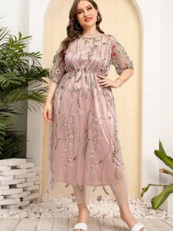 New Retro Stage [Plus Size] 1940s Floral Embroidered Mesh Dress
