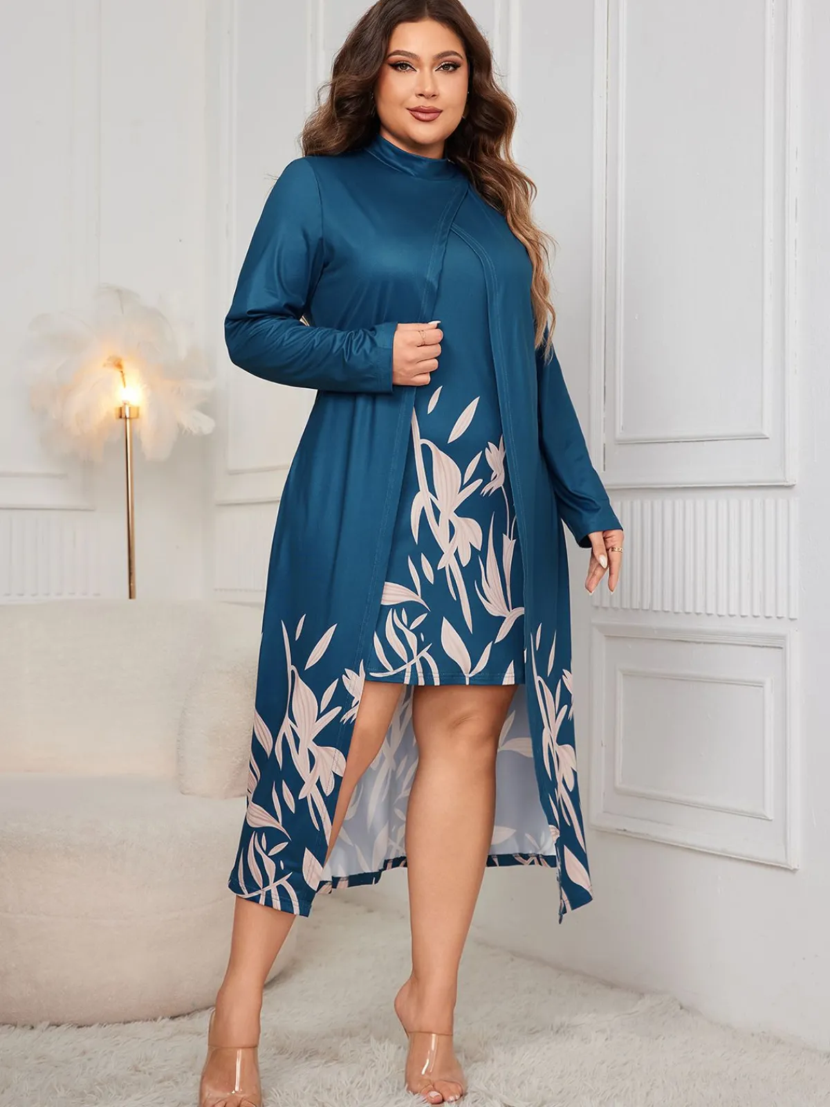 Discount Retro Stage [Plus Size] 1950s Floral Fake Two Piece Dress Blue
