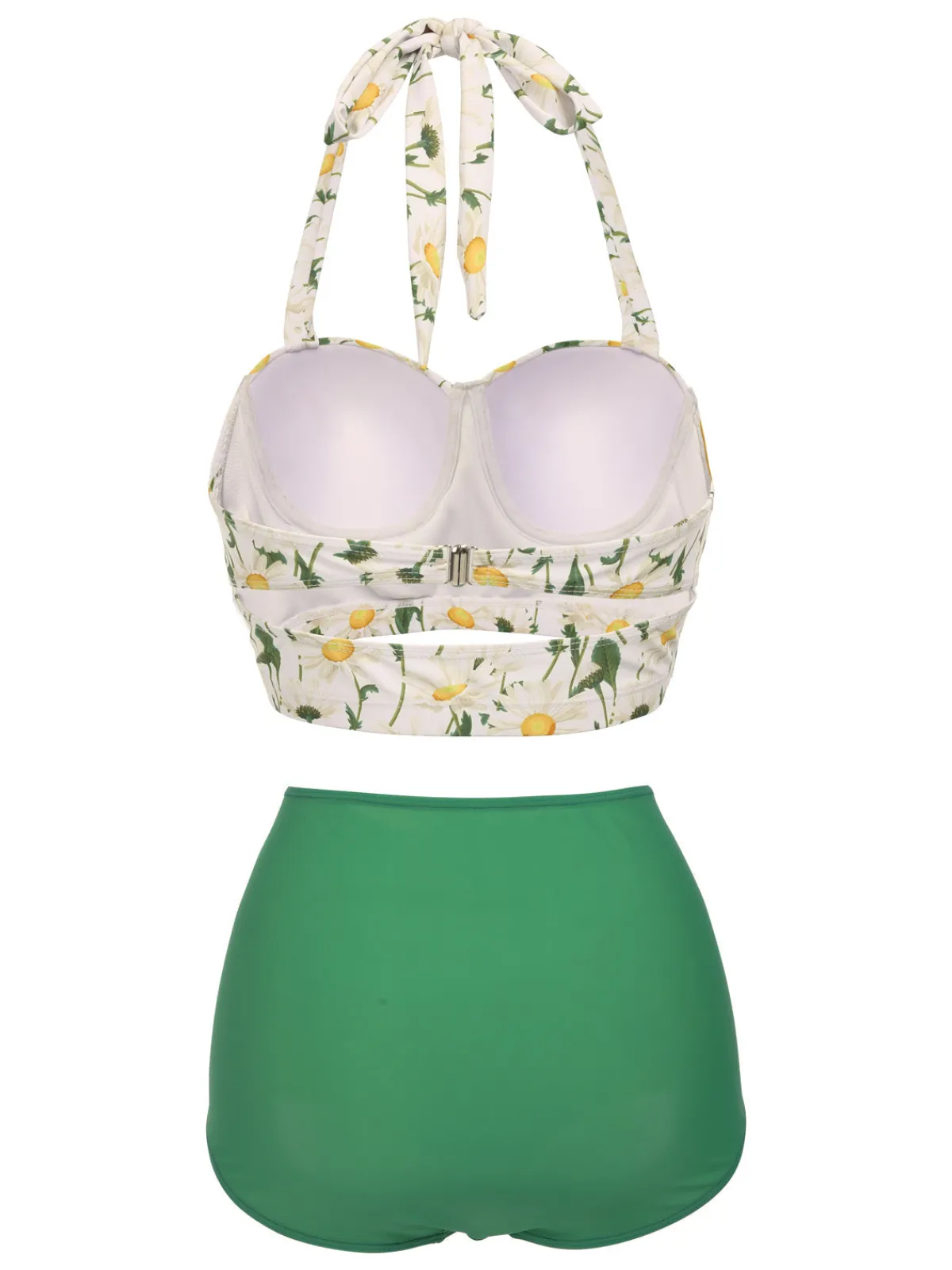 Sale Retro Stage [Plus Size] 1950s Floral Halter Lace-up Bikini Set Green