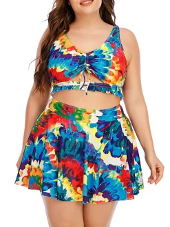 Hot Retro Stage Plus Size 1940s Floral Skirted Bikini Set Blue