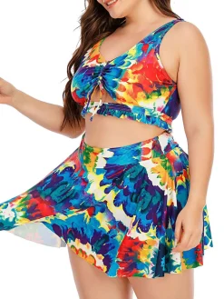 Hot Retro Stage Plus Size 1940s Floral Skirted Bikini Set Blue